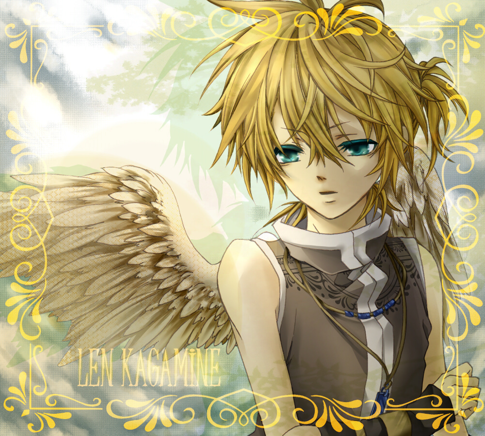 alternate_costume angel_wings aqua_eyes arm_warmers bare_shoulders blonde_hair boy cloud clouds collar frame jewelry kagamine_len male male_focus necklace ponytail popped_collar solo vest vocaloid wings yorozuyutaka_(mayu2965)