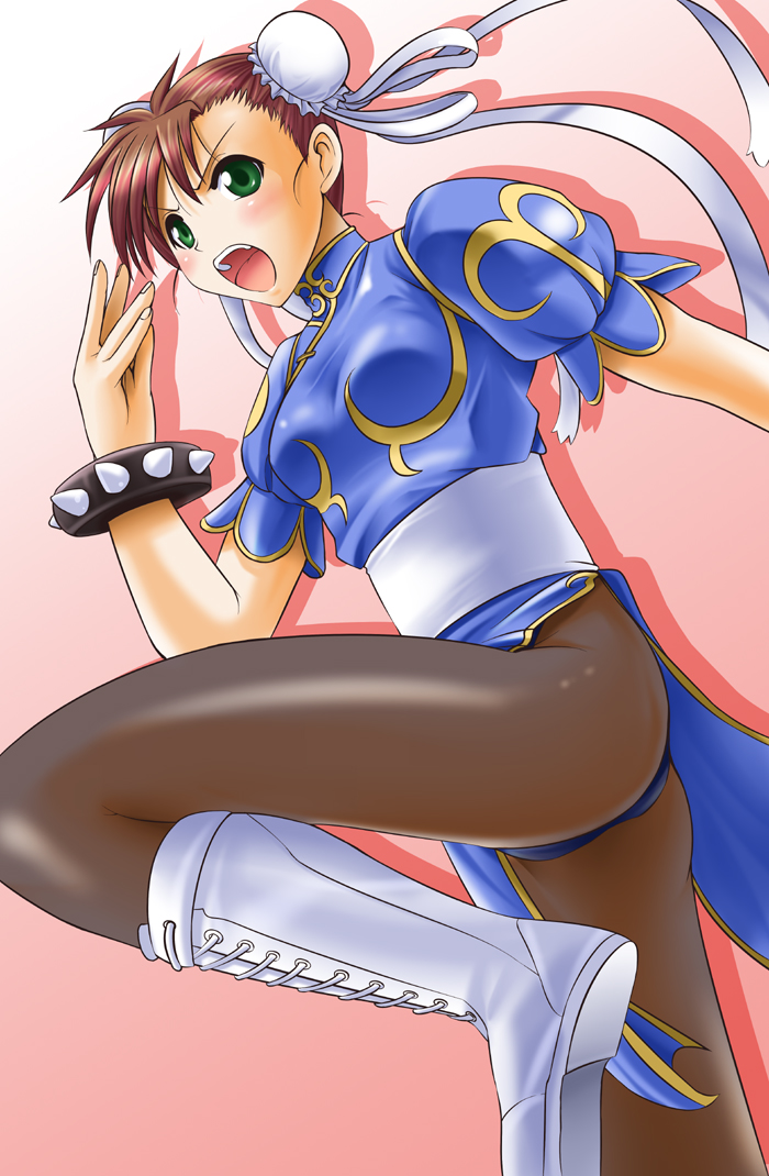 arm_up bangs blue_dress boots bracelet brown_hair brown_legwear bun_cover china_dress chinese_clothes chun-li chun-li_(cosplay) cosplay cross-laced_footwear digdug006 double_bun dress eyebrows_visible_through_hair gold_trim gradient gradient_background green_eyes jewelry kanamori_reiko knee_boots lace-up_boots leg_lift legs open_mouth pantyhose pelvic_curtain pink_background ribbon sash short_sleeves solo spiked_bracelet spikes standing standing_on_one_leg street_fighter thighs white_footwear wrestle_angels wrestle_angels_survivor