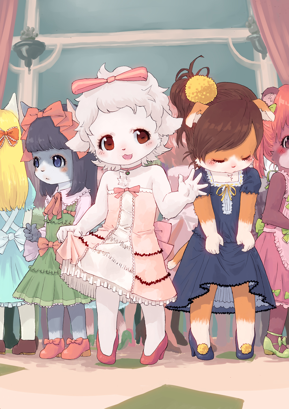 animal_ears blonde_hair blue_eyes blush brown_hair canine caprine cat cat_ears child cute dancing dress eyes_closed female flat_chest fox fur furry hair hair_ribbon high_heels highres loli mammal necklace open_mouth orange_fur red_eyes ribbon sheep shoes short_hair skirt skirt_lift smile standing unknown_artist wave waving white_fur white_hair yana873 young younger