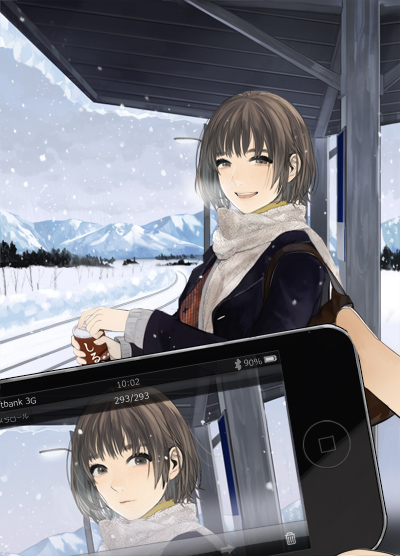 :d bag brown_eyes brown_hair can cellphone cellphone_picture gloves iphone moeru_iphone_dokuhon mountain open_mouth original phone railroad_tracks scarf short_hair sime_(echo) smartphone smile snow snowing train_station tree winter