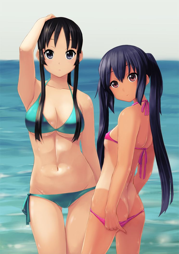 adjusting_clothes adjusting_swimsuit akiyama_mio arm_up armpits artarchanime ass bad_id bad_pixiv_id bikini bikini_pull black_eyes black_hair breasts butt_crack day face flat_chest groin k-on! large_breasts long_hair looking_at_viewer looking_back multiple_girls nakano_azusa navel ocean one-piece_tan outdoors pulled_by_self shiny shiny_skin side-tie_bikini swimsuit tan tanline thigh_gap underboob