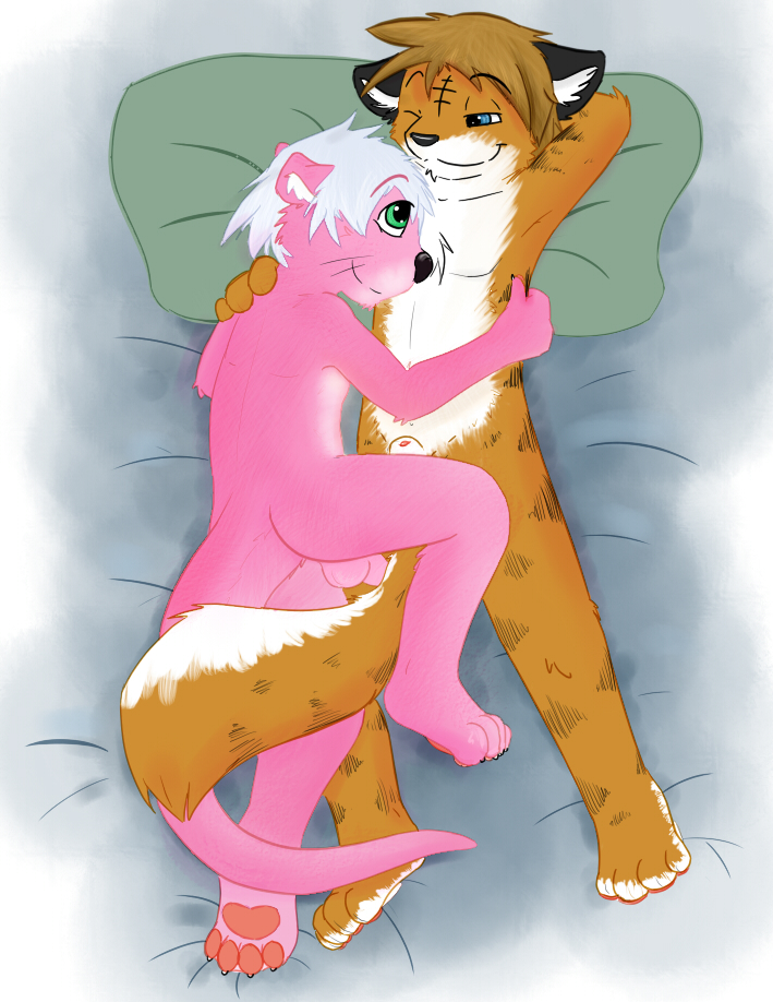 bed canine cuddle cuddling duo feline fur gay hybrid knox male mammal mustelid ottah otter penis pink pink_fur sheath tiger wolf wolger