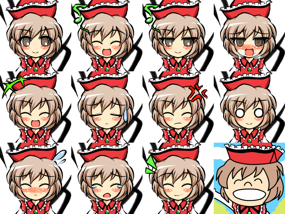 :d ac_japan bad_id bad_pixiv_id banned_artist blush brown_eyes brown_hair chart closed_eyes expressions faceset hat kisaragi_zwei light_brown_hair lyrica_prismriver musical_note o_o open_mouth parody short_hair smile solo sweatdrop the_magic_of_greetings touhou