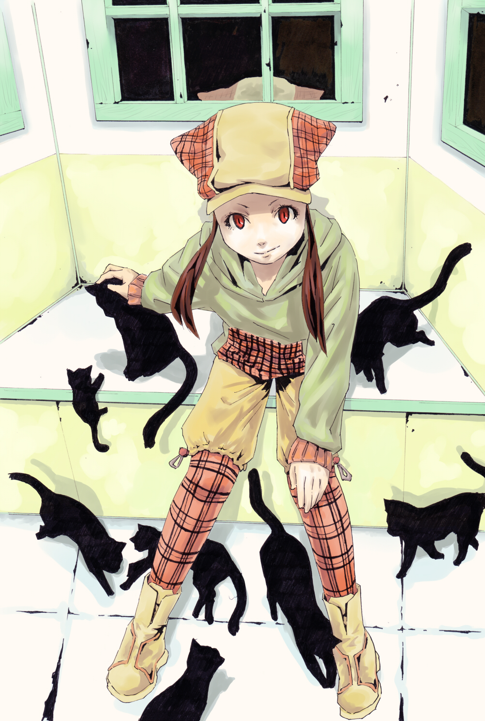 brown_hair cat cat_eyes cats child flat_chest from_above hat highres hood hoodie long_hair looking_at_viewer petting plaid red_eyes sitting slit_pupils smile tail tartan yana873