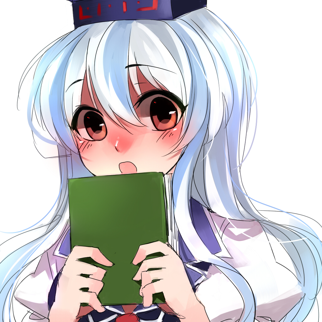 74_(teduka) blush book face hat kamishirasawa_keine long_hair open_mouth red_eyes silver_hair simple_background sketch solo touhou