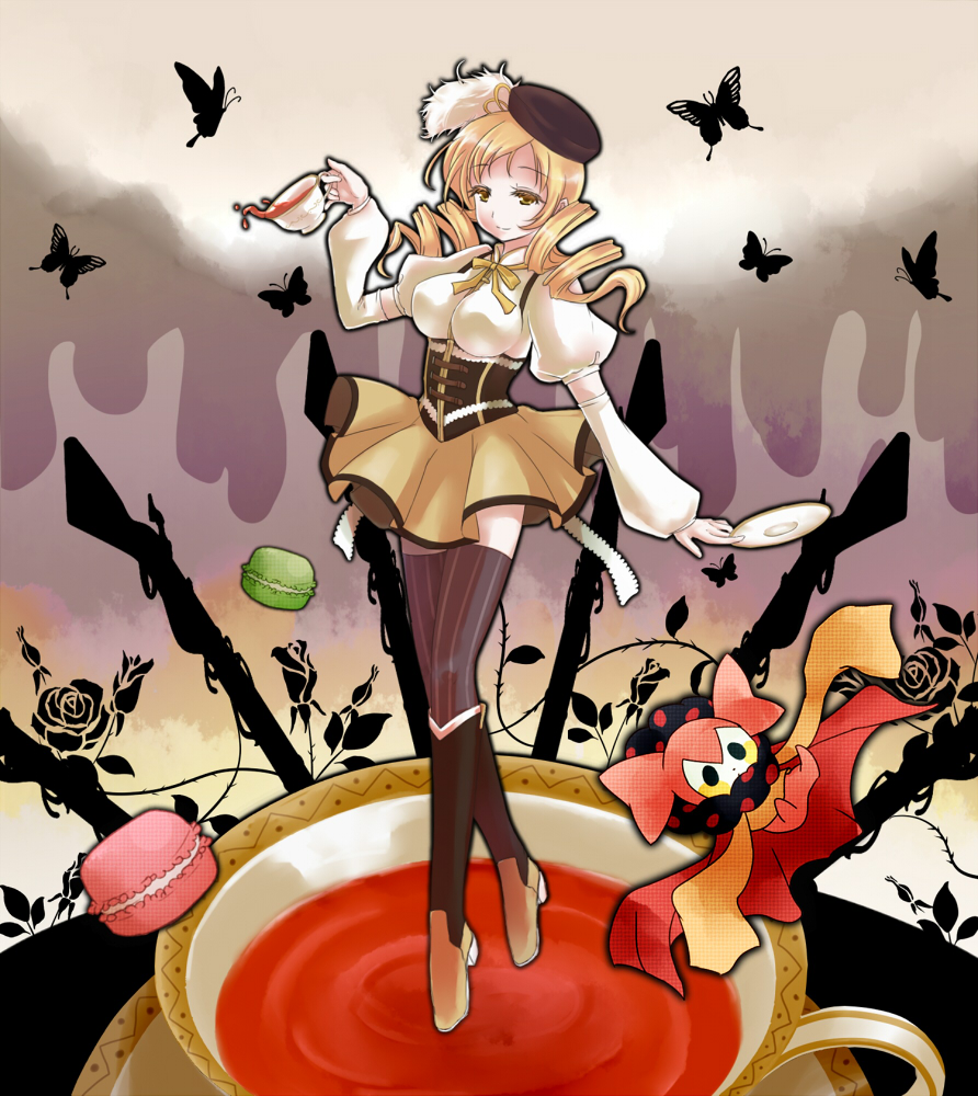 beret blonde_hair boots breasts brown_legwear bug butterfly candy charlotte_(madoka_magica) corset cup detached_sleeves drill_hair flower food gun hair_ornament hairpin hat insect large_breasts macaron magical_girl magical_musket mahou_shoujo_madoka_magica pleated_skirt puffy_sleeves ribbon rifle rose shinsui_saya shirt skirt striped striped_legwear taut_clothes taut_shirt teacup thighhighs tomoe_mami twin_drills twintails vertical-striped_legwear vertical_stripes weapon yellow_eyes zettai_ryouiki