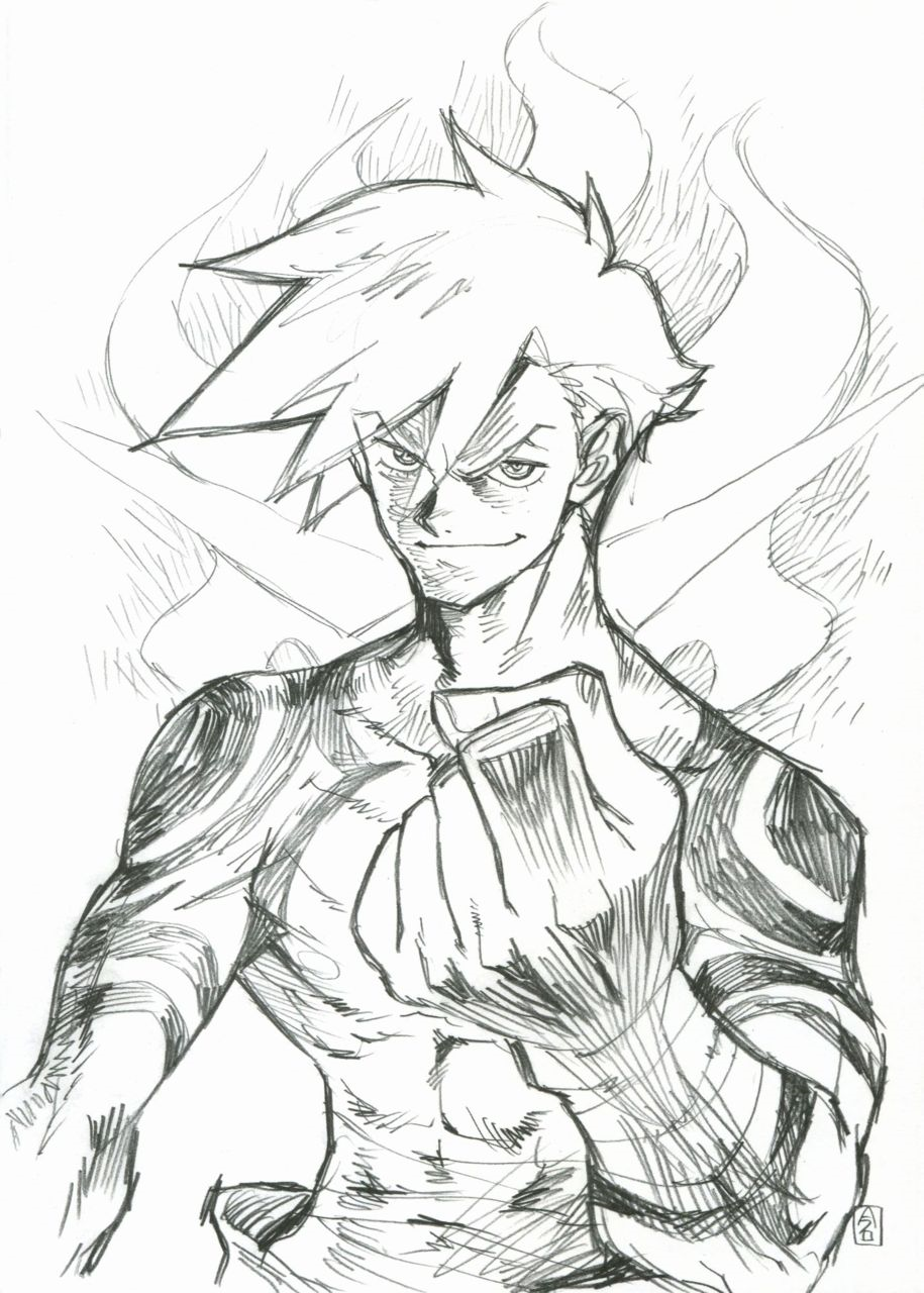 clenched_hand highres imaishi_hiroyuki kamina male_focus manly monochrome muscle non-web_source official_art shirtless sketch smirk solo tengen_toppa_gurren_lagann