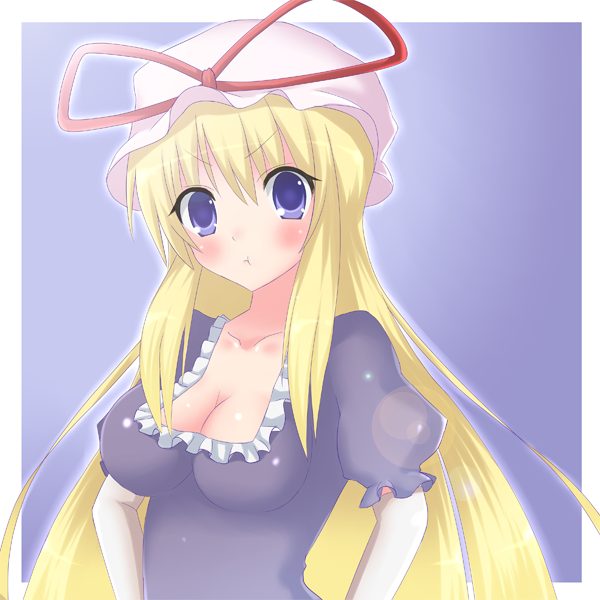 :t angry bad_id bad_pixiv_id blonde_hair blue_eyes breasts cleavage dress elbow_gloves gloves hat long_hair medium_breasts nase pout solo touhou upper_body white_gloves yakumo_yukari