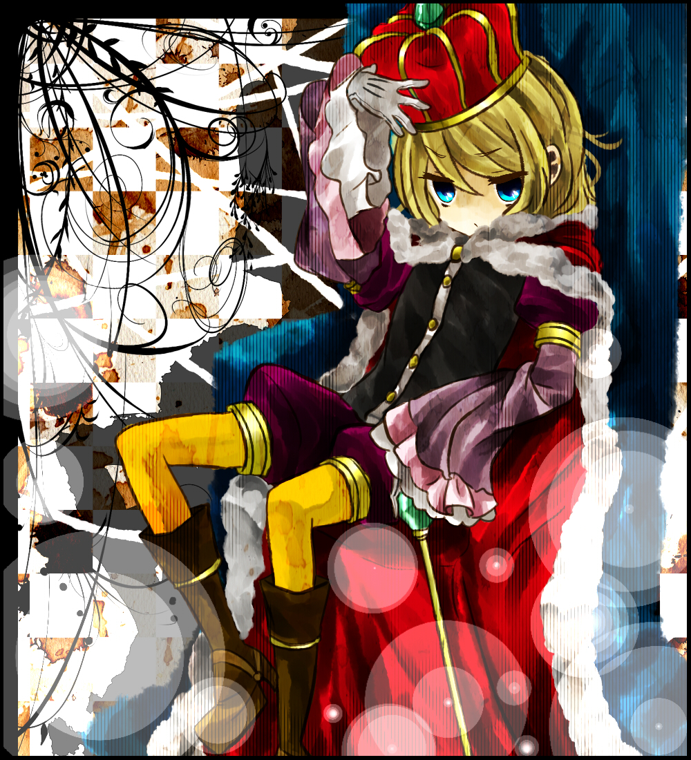 abstract_background blue_eyes cape capelet cosplay crown female frilled_sleeves frills girl gloves hand_on_hat hand_on_headwear hat high_boots hirugao_rinonto_(onakaponpokorin) kagamine_rin king mantle pantyhose red_cape scepter sitting solo throne tights vocaloid wide_sleeves