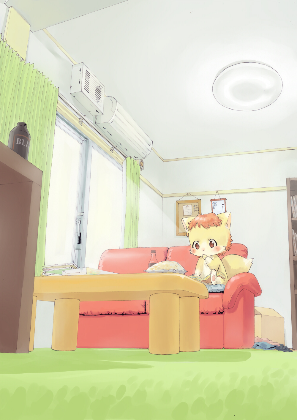 air_conditioner blush book bottle box canine caprine couch cub curtains door eating food fox furry hair hi_res highres hindpaw lamp living_room mammal nude orange_hair pawpads paws reading room sheep sitting sofa solo squirrel table tail window yana yana873 young