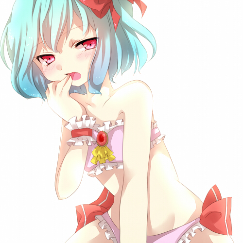 bare_shoulders bikini blue_hair blush bow frilled_bikini frilled_swimsuit frills hair_bow hand_to_own_mouth lowres open_mouth red_eyes remilia_scarlet short_hair simple_background solo swimsuit tori_no_karaage touhou wrist_cuffs