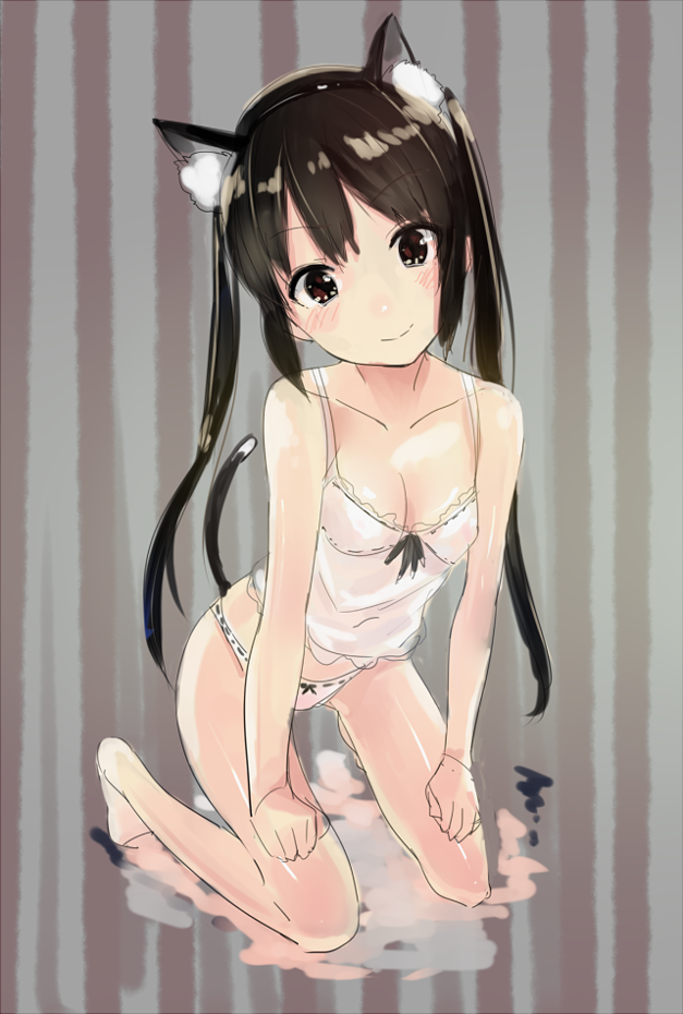 animal_ears barefoot black_hair blush bow bow_panties breasts brown_eyes camisole cat_ears cat_tail cleavage head_tilt k-on! kneeling long_hair medium_breasts nakano_azusa p-nut panties sketch smile solo striped striped_background tail twintails underwear underwear_only