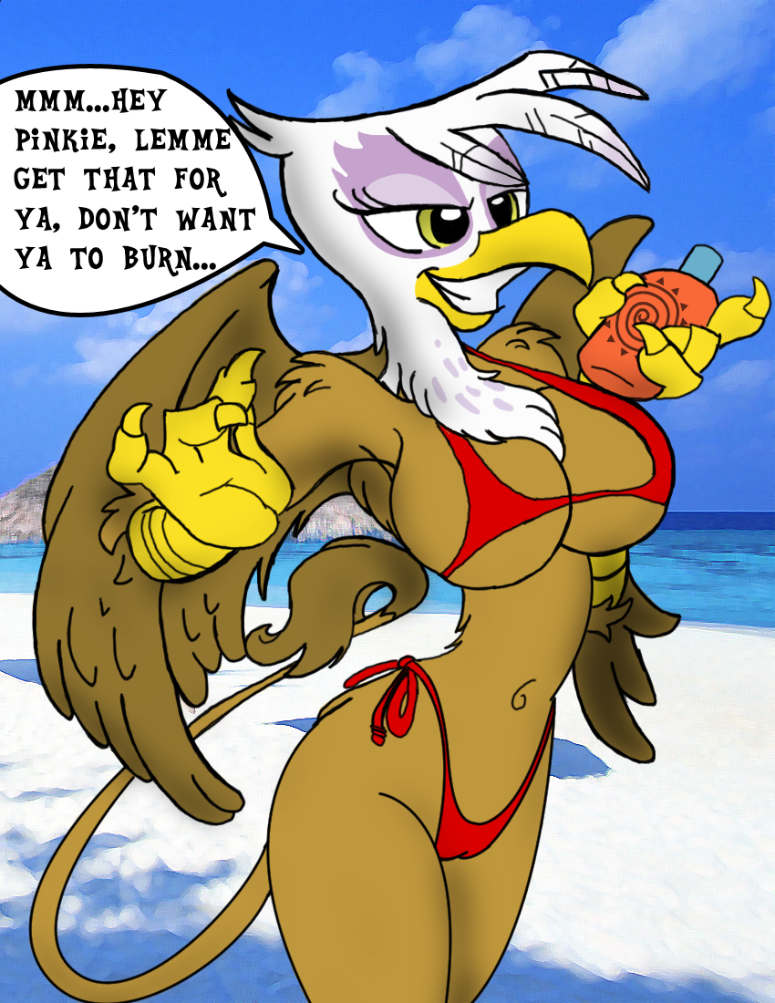 anthrofied avian beach big_breasts bikini breasts camel_toe claws cleavage clothed clothing english_text feathers female friendship_is_magic gilda_(mlp) gryphon king-cheetah my_little_pony pinky_pie_(mlp) seaside skimpy solo suntan_lotion suntan_oil swimsuit text tight_clothing wings wolf_nanaki_(artist)