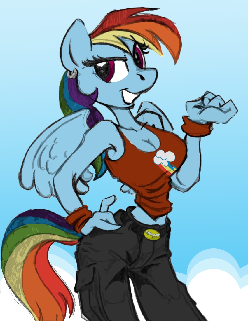 anthrofied belt blue_fur clothing cloud color ear_piercing equine female friendship_is_magic fur jewelry king-cheetah lightning looking_at_viewer mammal my_little_pony pants pegasus piercing pockets rainbow rainbow_dash_(mlp) shirt solo standing tank_top wings wristband