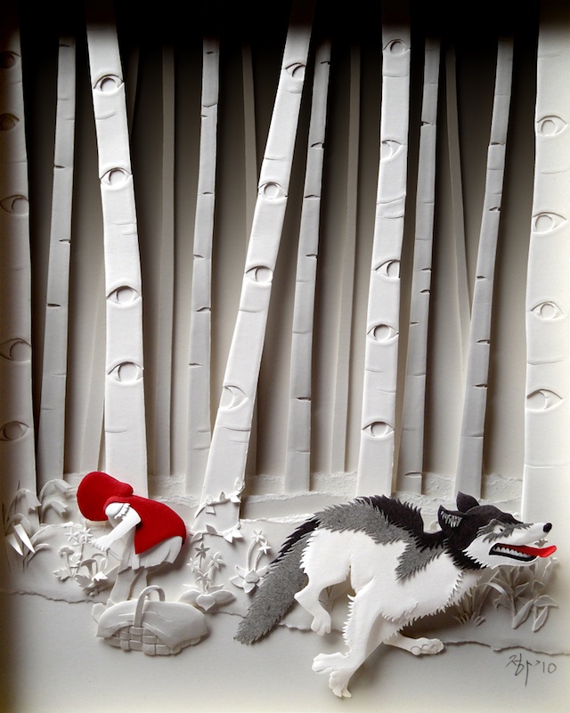 big_bad_wolf canine cheong-ah_hwang child eye eyes female fleeing flower forest human little_red_riding_hood mammal panopticon papercraft picking running scared tree wolf wood young