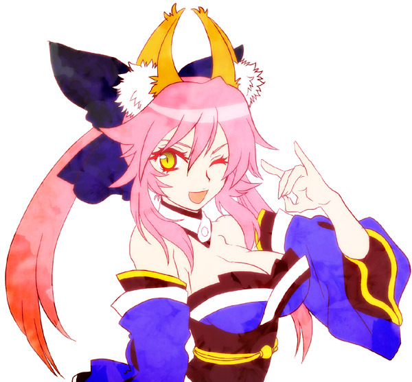 \m/ animal_ears bare_shoulders bow breasts cleavage detached_sleeves fate/extra fate_(series) fox_ears fox_tail hair_bow japanese_clothes large_breasts mgk968 one_eye_closed pink_hair smile solo tail tamamo_(fate)_(all) tamamo_no_mae_(fate) twintails yellow_eyes
