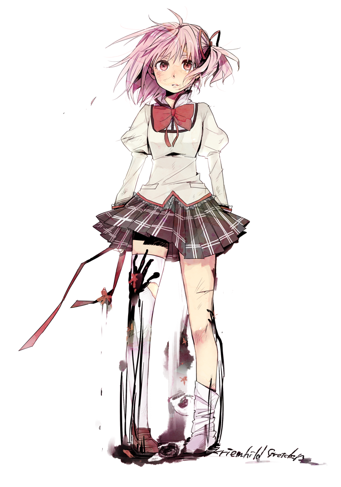 alternate_hairstyle asymmetrical_hair bad_id bad_pixiv_id bow bowtie character_name eyes flower full_body hair_down hair_ornament hair_ribbon hand_on_thigh hands holding kaname_madoka kriemhild_gretchen ktro loafers long_sleeves loose_thighhigh mahou_shoujo_madoka_magica miniskirt pigeon-toed pink_eyes pink_hair plaid plaid_skirt pleated_skirt puffy_sleeves ribbon school_uniform scratches shoes short_hair side_ponytail simple_background single_shoe skirt solo spoilers standing thighhighs torn_clothes torn_legwear uniform white_background white_legwear wind zettai_ryouiki