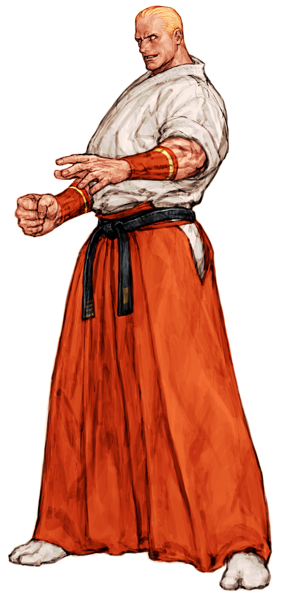 blonde_hair blue_eyes capcom_vs_snk clenched_hand dougi fatal_fury geese_howard hakama highres japanese_clothes male_focus muscle nishimura_kinu red_hakama solo tabi the_king_of_fighters