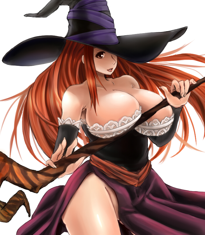 bare_shoulders breasts brown_eyes brown_hair canpy cleavage dragon's_crown dress hat hat_over_one_eye large_breasts long_hair no_panties parted_lips side_slit simple_background smile solo sorceress_(dragon's_crown) staff strapless strapless_dress white_background witch_hat