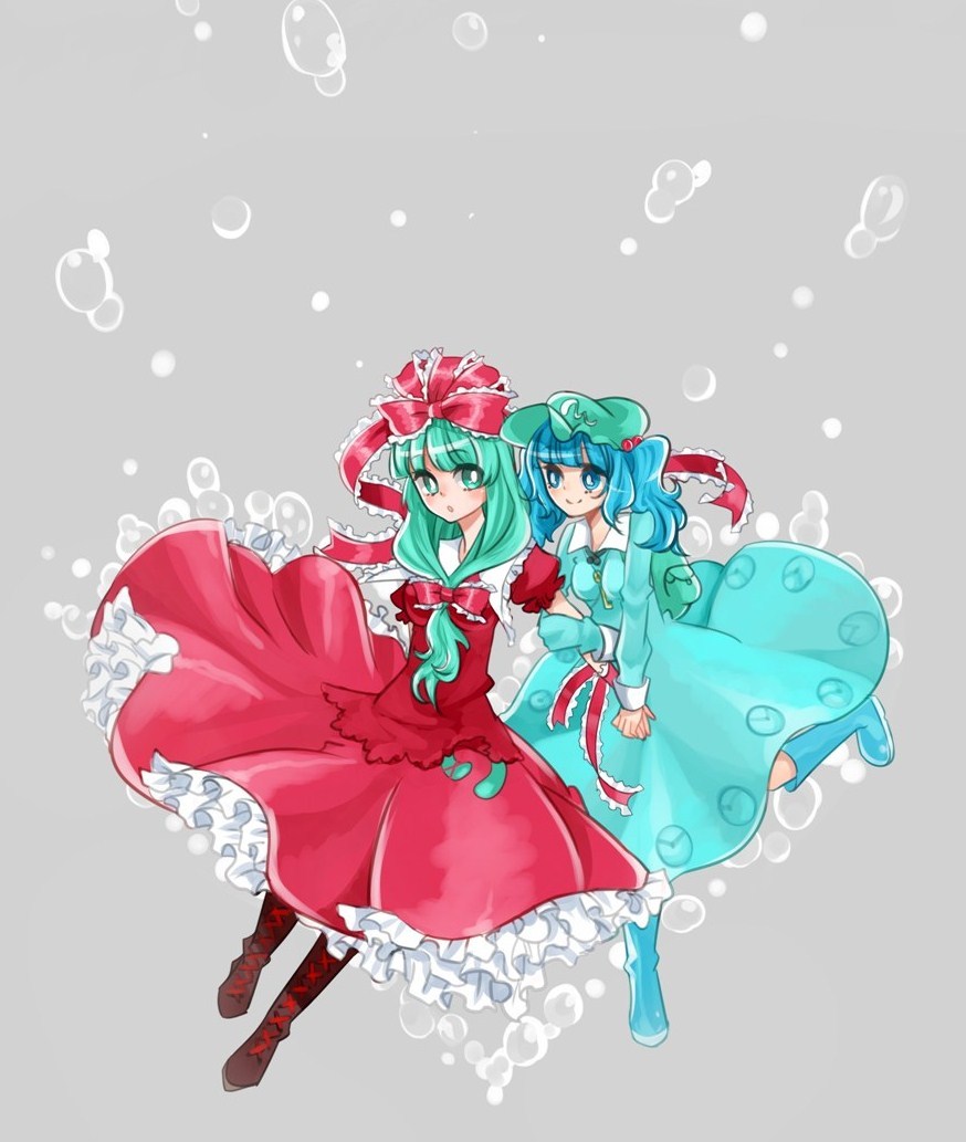 arm_holding backpack bad_id bad_pixiv_id bag blue_eyes blue_hair boots bubble cross-laced_footwear dress eye_contact frills green_eyes green_hair hair_bobbles hair_ornament hat holding_hands kagiyama_hina kawashiro_nitori key looking_at_another multiple_girls open_mouth rubber_boots short_twintails smile touhou twintails two_side_up yuura