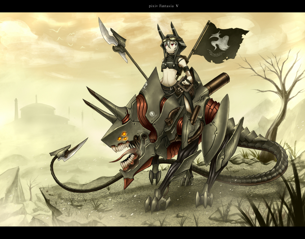 flag gia horns image_sample letterboxed md5_mismatch navel pixiv_fantasia pixiv_fantasia_5 pixiv_sample polearm red_eyes riding tongue weapon