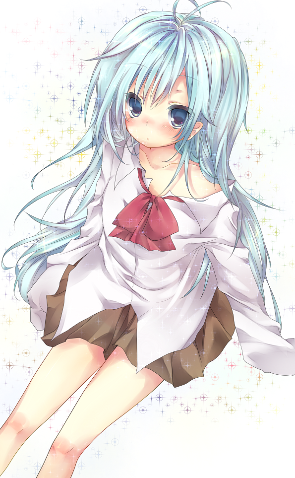 antenna_hair bad_id bad_pixiv_id bare_legs blue_eyes blue_hair blush collarbone denpa_onna_to_seishun_otoko dress_shirt komeshiro_kasu off_shoulder shiny shiny_hair shirt silver_hair sitting skirt solo sparkle staring touwa_erio