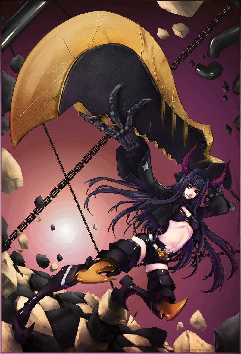bikini_top black_gold_saw black_hair black_legwear black_rock_shooter boots chain claws cropped_jacket foreshortening horns huge_weapon king_saw long_hair long_sleeves midriff navel paolo_antonio_aguasin red_eyes short_shorts shorts solo sword thigh_boots thighhighs weapon