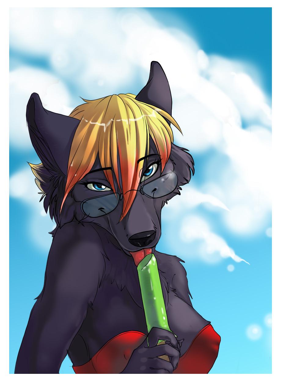 blue_eyes breasts candy canine cleavage clothed clothing cloud clouds dress eyewear female fleki fleki_(character) glasses hair lollipop mammal orphen-sirius solo suggestive suggestive_food sunglasses wolf