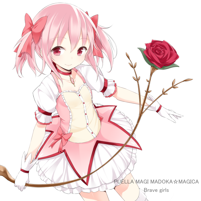 bad_id bad_pixiv_id bow flower gloves hair_bow jewelry kaname_madoka magical_girl mahou_shoujo_madoka_magica necklace pink_eyes pink_hair pink_skirt rose skirt smile soburi solo twintails white_gloves