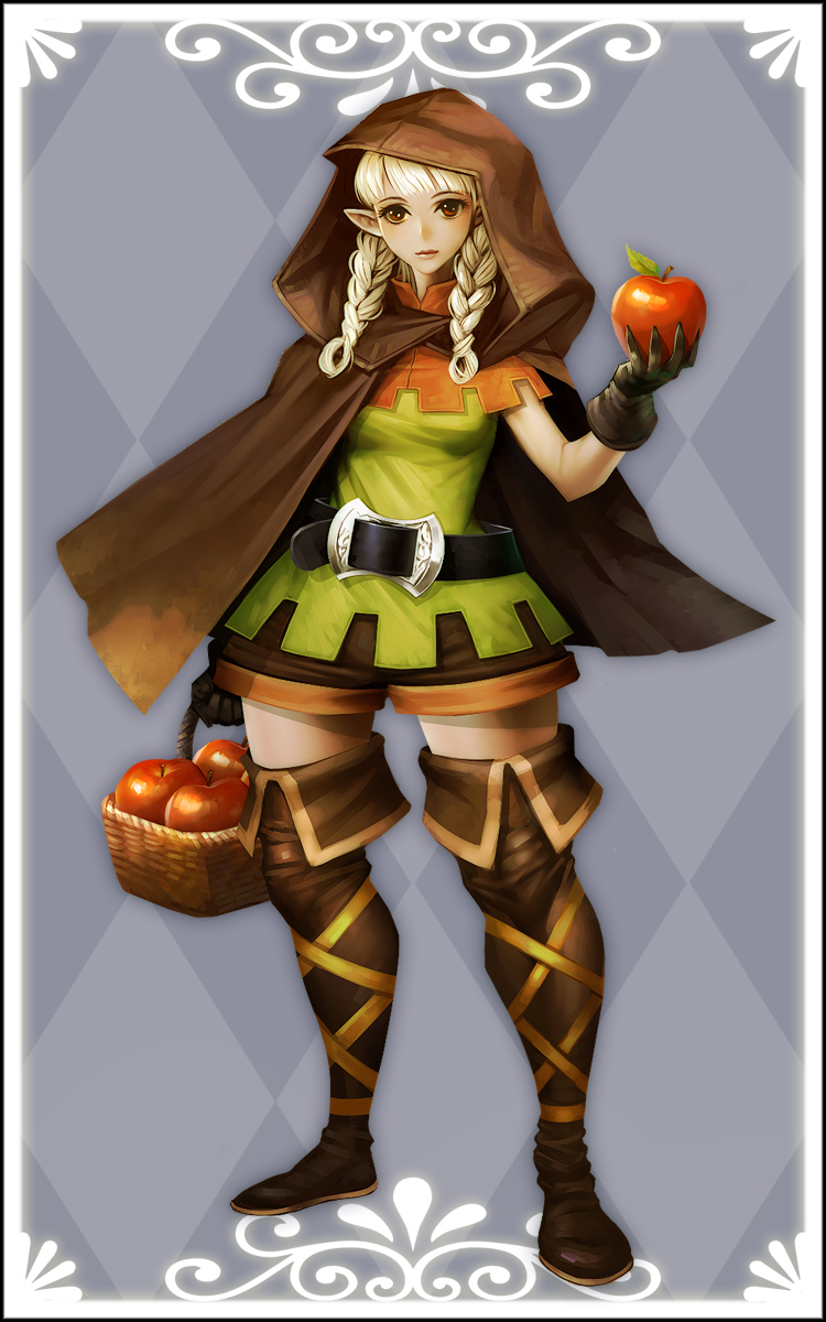 apple belt boots braid brown_eyes cloak dragon's_crown elf elf_(dragon's_crown) food fruit gloves highres hips holding holding_food holding_fruit hood lips pointy_ears shorts solo thigh_boots thighhighs trickyagura twin_braids white_hair wide_hips