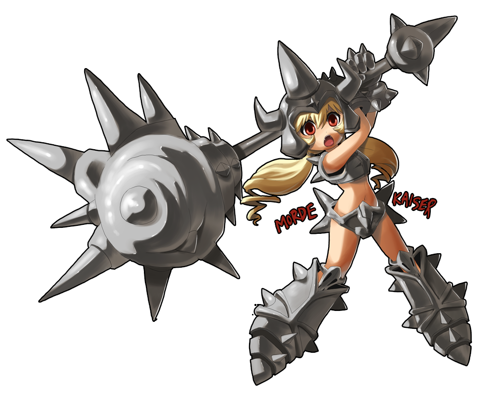 armor blonde_hair boots breastplate drill_hair full_body genderswap genderswap_(mtf) hat helm helmet huge_weapon league_of_legends long_hair mace midriff mordekaiser navel open_mouth pikaboots red_eyes solo transparent_background twintails weapon