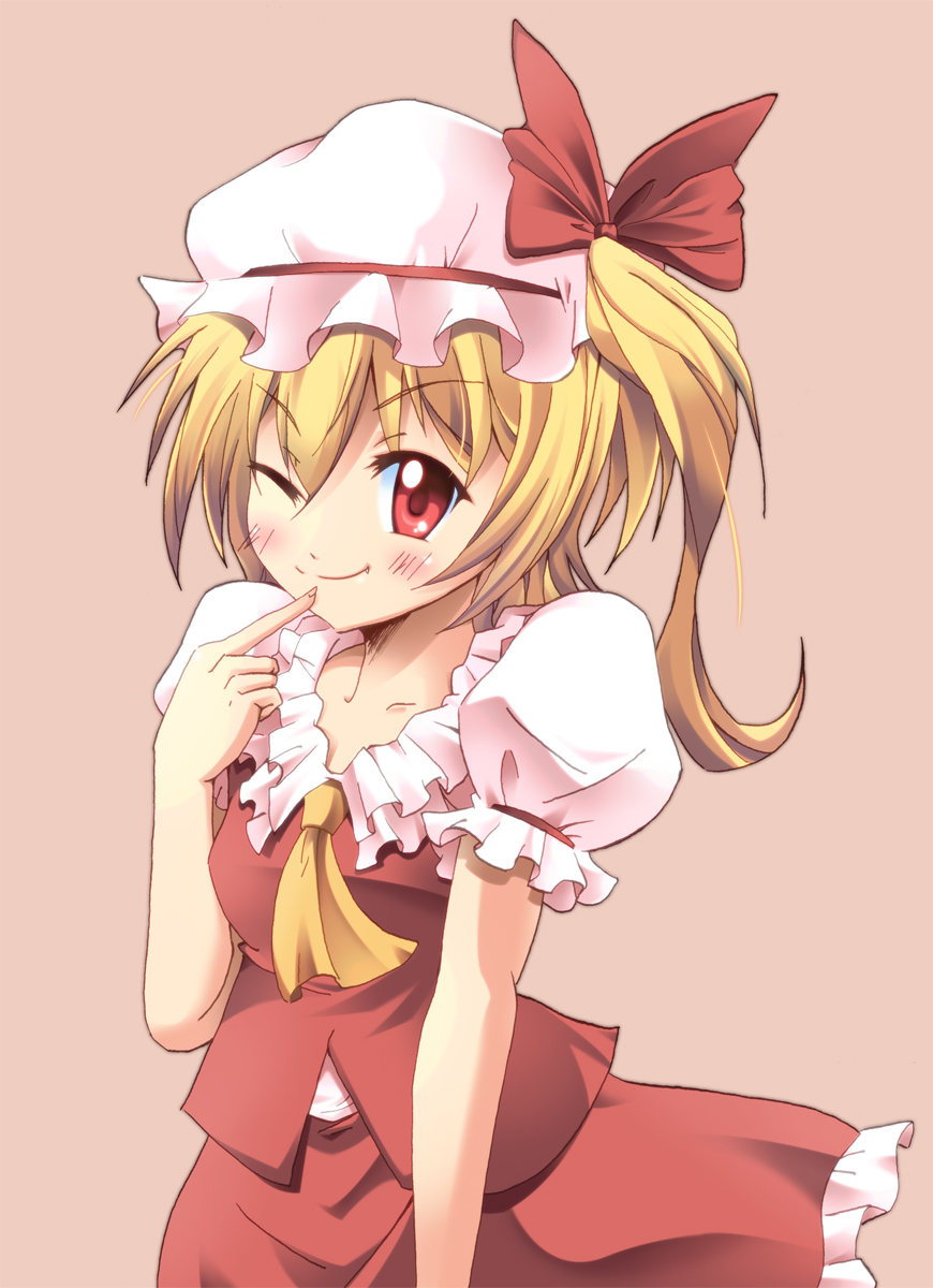 ascot blonde_hair blouse blush collarbone fang finger_to_mouth flandre_scarlet hat hat_ribbon highres no_wings one_eye_closed red_eyes ribbon side_ponytail skirt smile solo touhou umi_umi vest