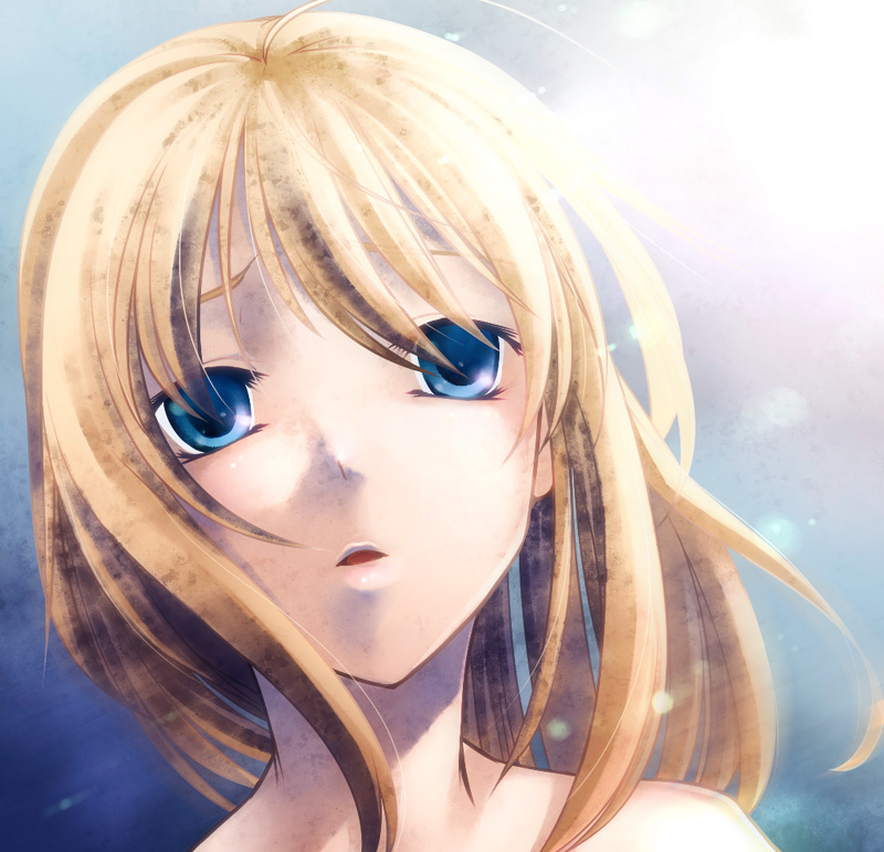 ahoge artoria_pendragon_(all) bad_id bad_pixiv_id blonde_hair blue_eyes fate/stay_night fate_(series) lens_flare nude open_mouth saber sky solo uraomote