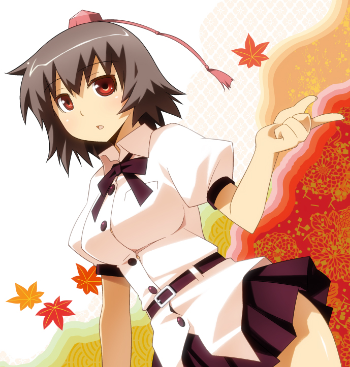 bad_id bad_pixiv_id belt breasts brown_hair dress_shirt dutch_angle expressionless hat large_breasts leaf looking_at_viewer maple_leaf open_mouth red_eyes shameimaru_aya shirt short_hair skirt solo tokin_hat touhou umekichi