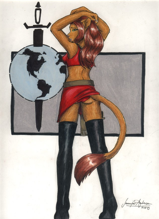 anthro breasts brown_hair caitian feline female from_behind green_eyes hair jennifer_l_anderson looking_back looking_over_shoulder m'ress m'ress mammal mirror_universe plain_background side_boob solo star_trek tail terran_empire uniform white_background