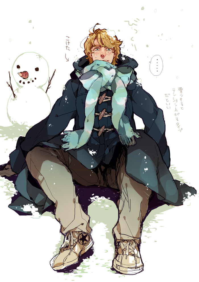 1boy blonde_hair blue_eyes coat keith_goodman male_focus sachiko_(omame) scarf sitting smile snow snowing snowman solo tiger_&amp;_bunny winter_clothes