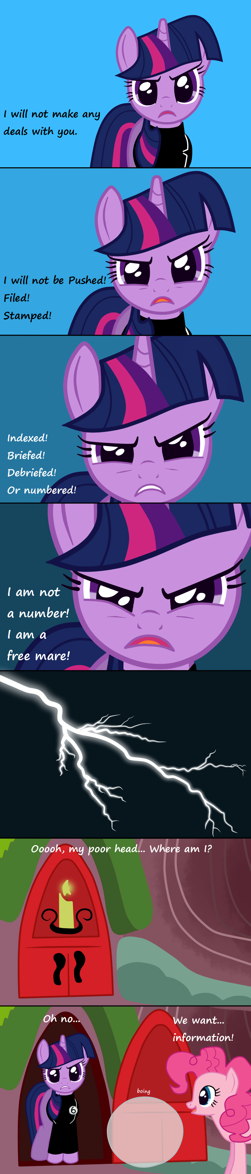 banishment comic crossover equine female feral fetchbeer friendship_is_magic fur horn horse iron_maiden mammal my_little_pony not_number number_six parody pink_fur pinkie_pie_(mlp) pony resignation rover_(the_prisoner) the_prisoner the_village twilight_sparkle_(mlp) unicorn unmutual