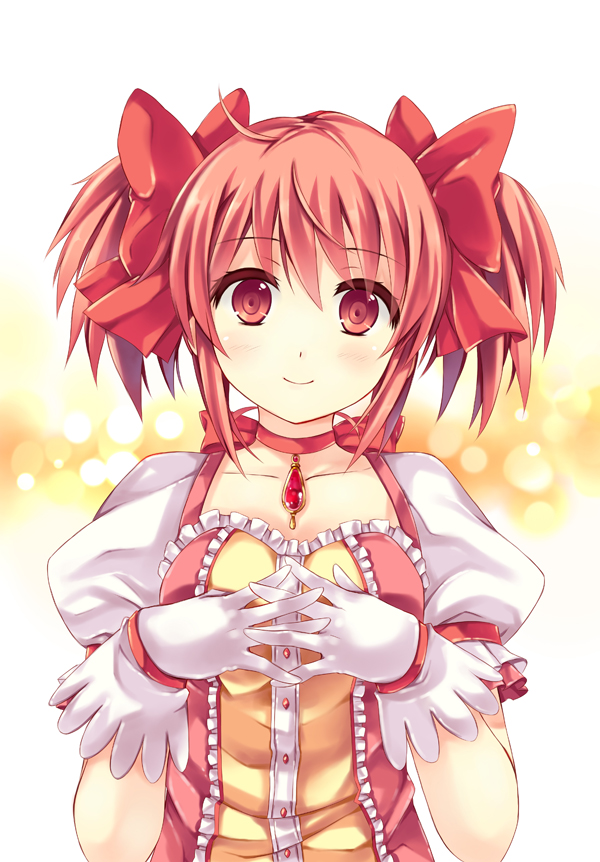 bad_id bad_pixiv_id blush bow gloves hair_bow kaname_madoka mahou_shoujo_madoka_magica peach_(momozen) short_twintails solo twintails