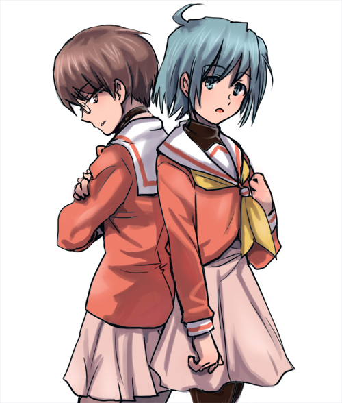 ayasaki_hayate back-to-back bad_id bad_pixiv_id blue_eyes blue_hair brown_eyes brown_hair company_connection crossdressing crossover glasses hayate_no_gotoku! kajiki_nora kami_nomi_zo_shiru_sekai katsuragi_keima multiple_boys pantyhose school_uniform serafuku short_hair shounen_sunday