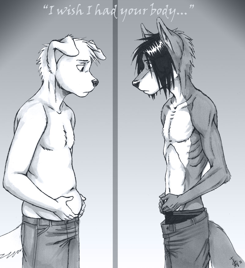 canine chubby clothed clothing dog duo english_text eye_contact fat greyscale hair half-dressed long_hair looking_at_each_other male mammal monochromatic_bacground monochrome oomizuao overweight slim spike_(spike_the_novel) text thin topless