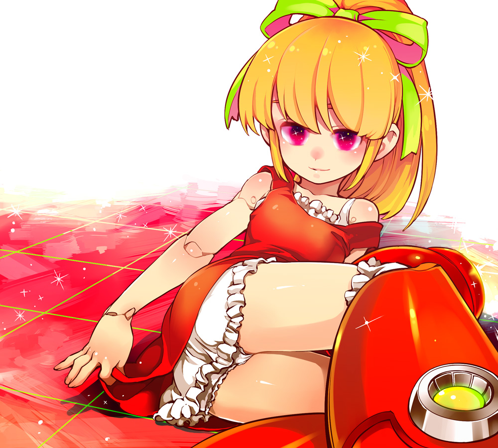 arm_cannon ass bad_id bad_pixiv_id blonde_hair bloomers boots doll_joints dress dress_lift flat_chest hair_ribbon knee_boots long_hair lying on_side panties ponytail red_eyes red_skirt ribbon rockman rockman_(classic) roll skirt solo strap_slip underwear weapon zakki
