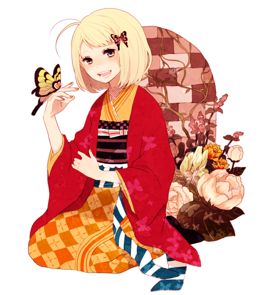 ao_no_exorcist bad_id bad_pixiv_id blonde_hair bug butterfly flower green_eyes hair_ornament haori insect japanese_clothes kimono moriyama_shiemi nail_polish ono_(0_no) open_mouth seiza short_hair simple_background sitting smile solo