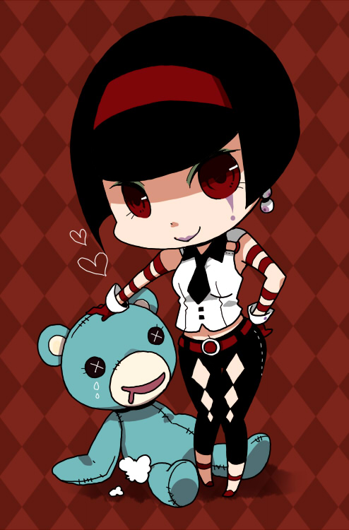 argyle argyle_background bare_shoulders black_hair bob_cut chibi earrings facial_mark gloves hairband heart jewelry kano_(coyotehunt) kriem lipstick mad_bear_(tiger_&amp;_bunny) makeup navel necktie petting red_eyes short_hair solo tattoo tiger_&amp;_bunny