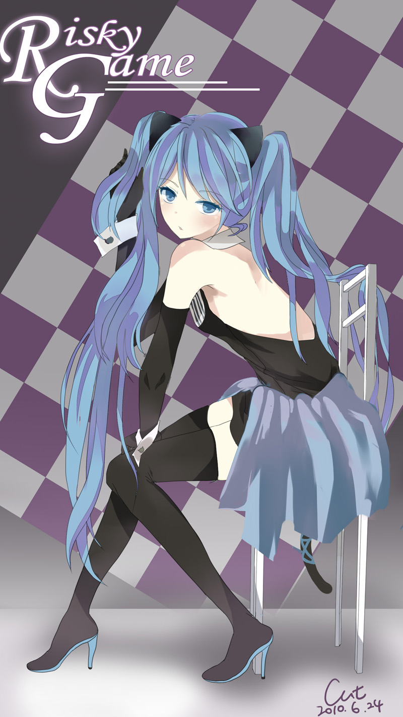 animal_ears bad_id bad_pixiv_id blue_eyes blue_hair boots cat_ears cat_tail chair checkered checkered_background cut_(123) elbow_gloves full_body gloves hatsune_miku high_heels highres kemonomimi_mode long_hair risky_game_(vocaloid) shoes sitting solo tail thigh_boots thighhighs twintails very_long_hair vocaloid wrist_cuffs
