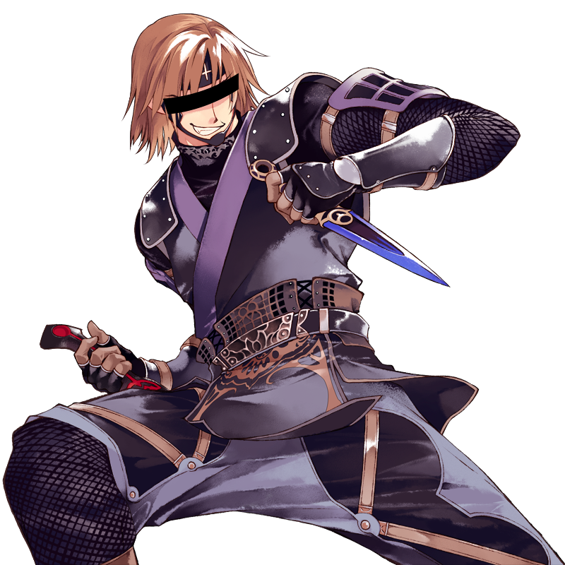 brown_hair censored dual_wielding final_fantasy final_fantasy_xi fingerless_gloves gauntlets gloves grin holding hume identity_censor kitanai_ninja kunai male_focus ninja ninja_(final_fantasy) smile solo sumi_keiichi weapon