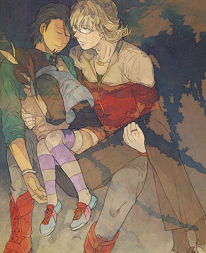 barnaby_brooks_jr blonde_hair boots brown_eyes brown_hair carrying facial_hair father_and_daughter glasses green_eyes jacket jewelry kaburagi_t_kotetsu male_focus multiple_boys necklace necktie princess_carry red_jacket side_ponytail sleeping striped striped_legwear stubble thighhighs tiger_&amp;_bunny vest yukasu