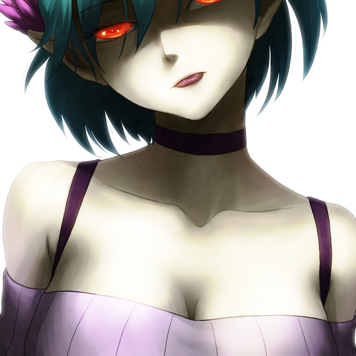 bare_shoulders blue_hair breasts c_(control) choker cleavage collarbone face glowing glowing_eyes head_tilt head_wings medium_breasts pointy_ears q_(control) red_eyes shin_(world_3000) short_hair simple_background solo tongue