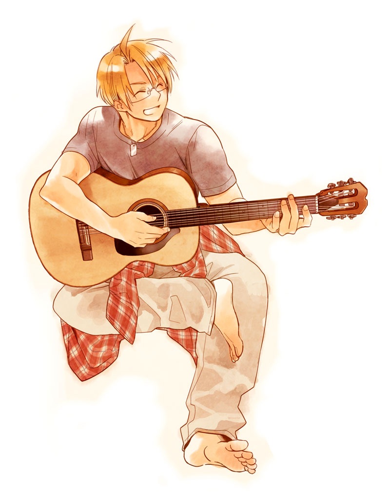 acoustic_guitar ahoge america_(hetalia) axis_powers_hetalia barefoot blonde_hair closed_eyes dog_tags duplicate glasses guitar instrument iwaki_soyogo male_focus md5_mismatch revision solo