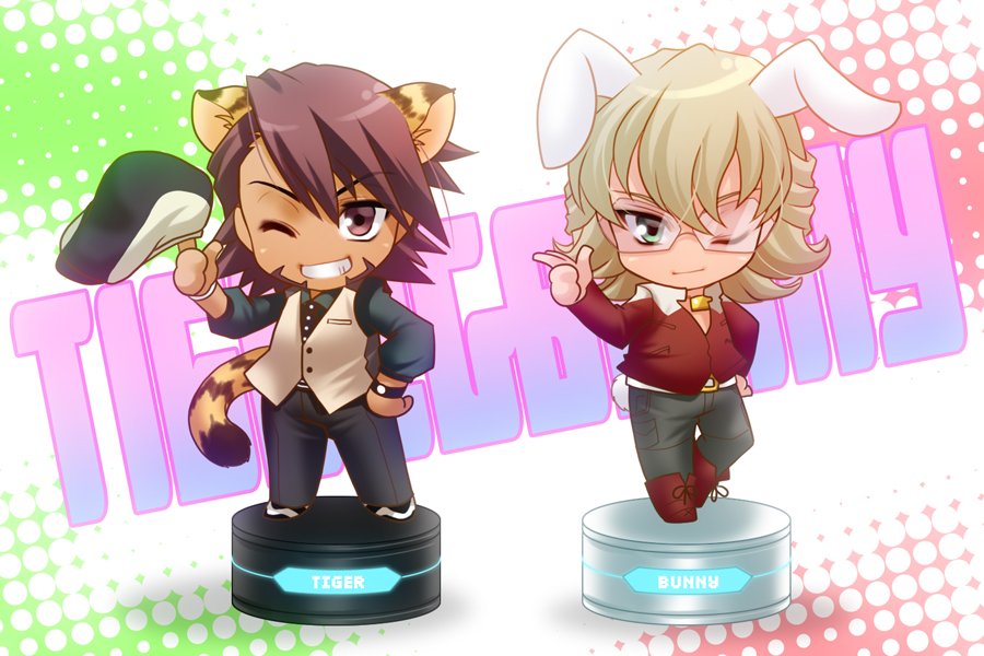 animal_ears barnaby_brooks_jr belt blonde_hair boots brown_eyes brown_hair bunny_ears bunny_tail cabbie_hat chibi extra_ears facial_hair glasses green_eyes hat jacket jewelry kaburagi_t_kotetsu kemonomimi_mode male_focus multiple_boys necklace necktie one_eye_closed pointing red_jacket stubble studded_belt tail tiger_&amp;_bunny tiger_ears tiger_tail tsugumi_suou vest
