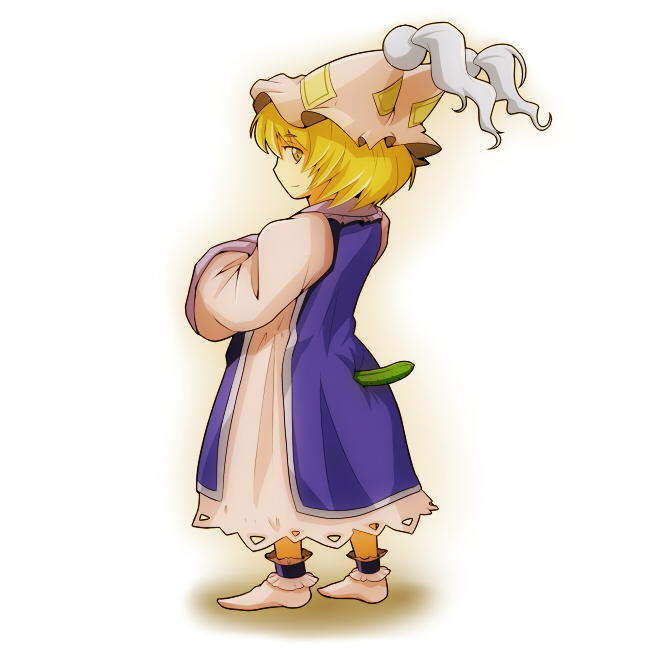 animal_ears ao_usagi blonde_hair cucumber hands_in_opposite_sleeves hat pun short_hair simple_background solo standing touhou yakumo_ran yellow_eyes